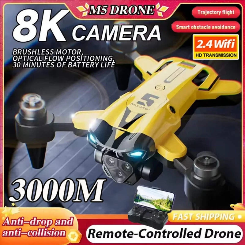 Yellow 8K GPS three-camera drone with obstacle avoidance, rotating gimbal and propellers
