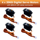 Set of four digital servo motors with metal gear, gold shaft, orange wires and JST connectors