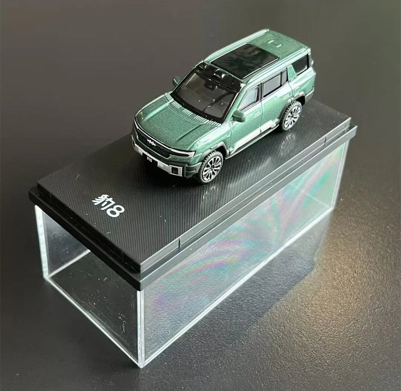 Mint green SUV die-cast car model with clear display stand