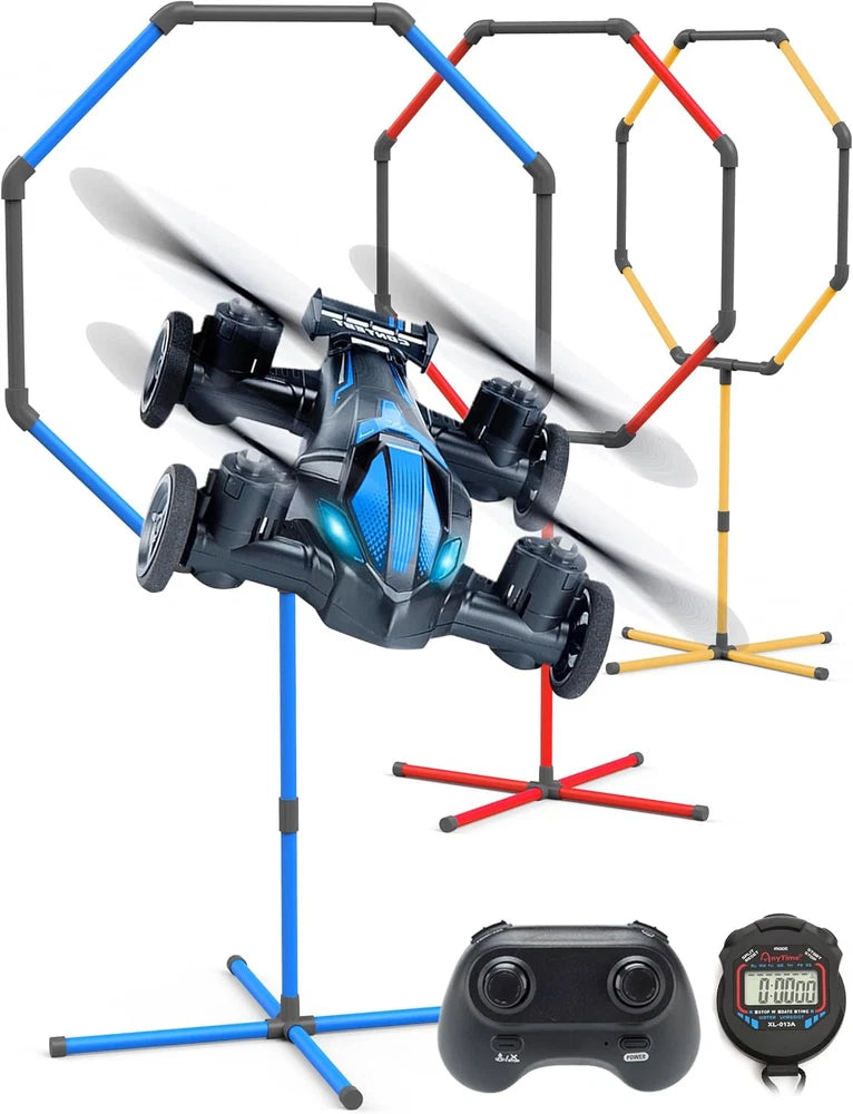 RC racing drone with colorful obstacle course hoops and controller