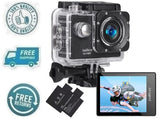 Black action camera in clear waterproof housing with lens and small screen display