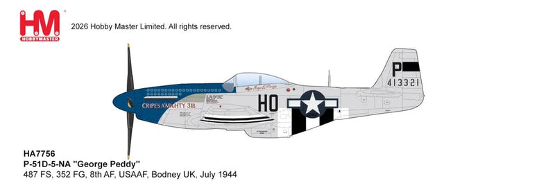 P-51D fighter model with blue nose stripe and RAF-style insignia, 1/48 scale