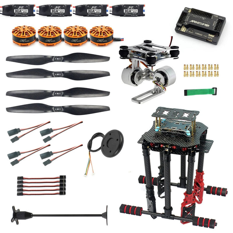 DIY RC quadcopter drone kit with frame parts, motors, propellers, circuit board, and wires