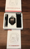 Wireless GPS remote controller with screen, lanyard, and charging cable in retail box