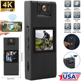 Black mini police body camera with front lens and built-in LCD screen