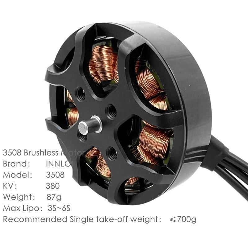 Brushless drone motor with copper windings, black body, and mounting holes