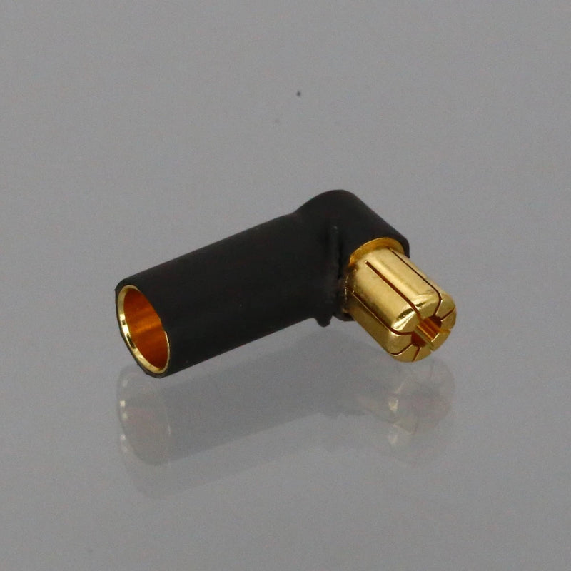 90-degree 6.5mm bullet adapter, black body with gold male-to-female connector