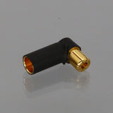 90-degree 6.5mm bullet adapter, black body with gold male-to-female connector