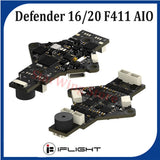 Black FPV flight controller AIO PCB with mounting holes and ribbon connectors