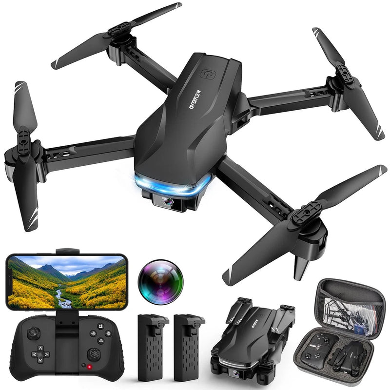 Foldable quadcopter drone with camera, dark body, controller and carrying case