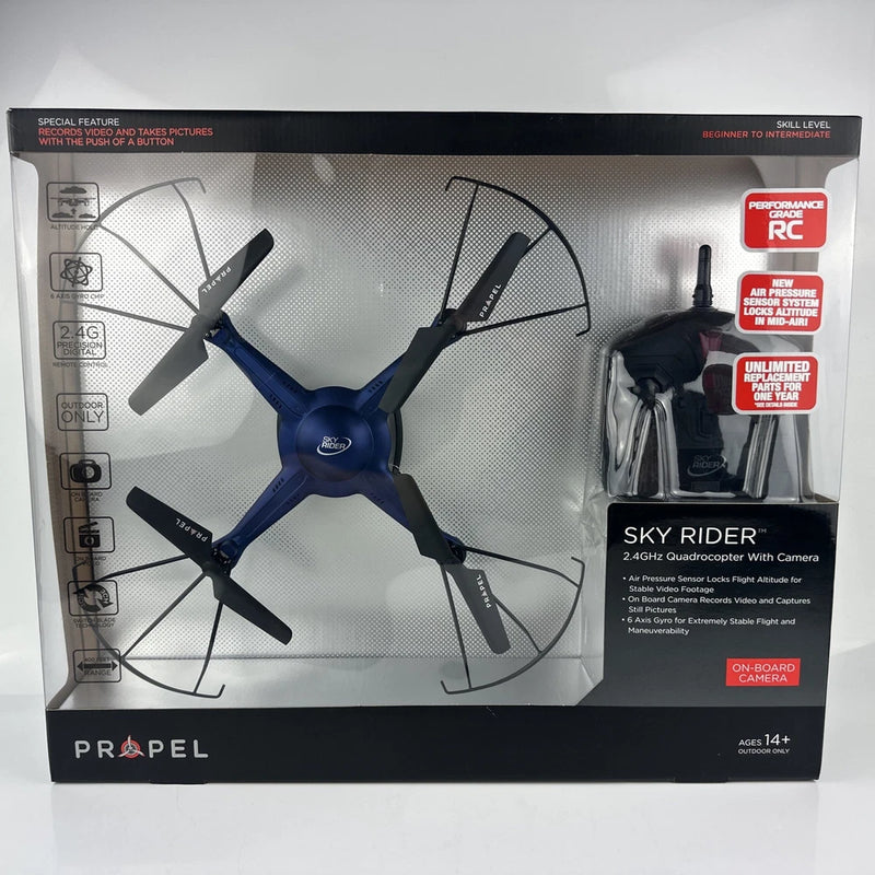 Blue quadcopter drone with onboard camera, 2.4GHz on retail packaging