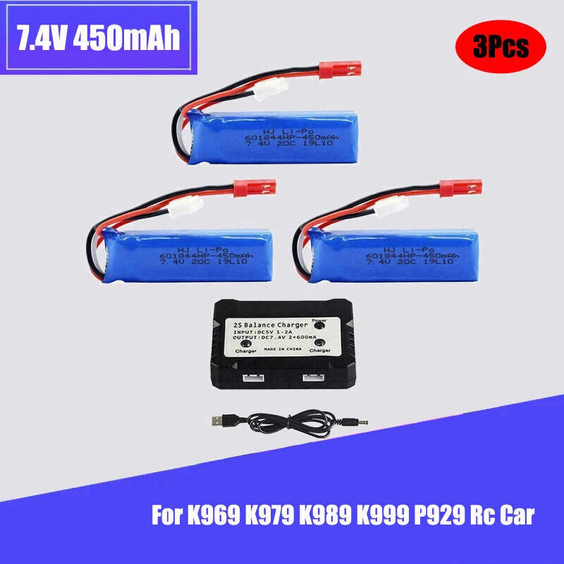 3Pack 7.4v 450mAh 20c Lipo Battery for WLtoys K969 K989 K999 P929 P939 RC Cars