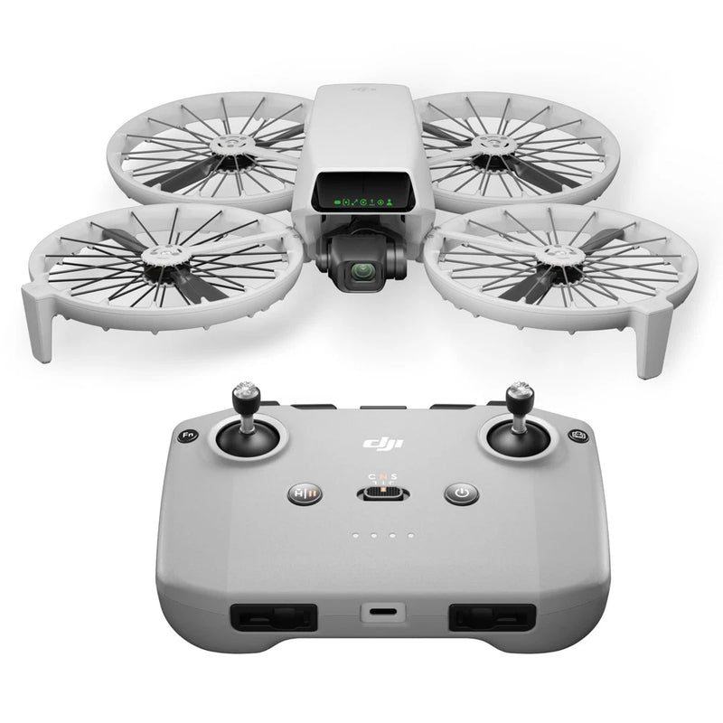 Foldable drone with 4K camera and gray controller transmitter, front camera visible