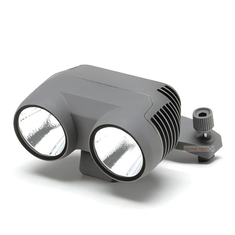 Drone spotlight with dual headlights and gray mounting bracket