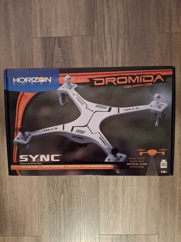 Dromida Sync 251mm RTF quadcopter in retail box, white drone with gray arms