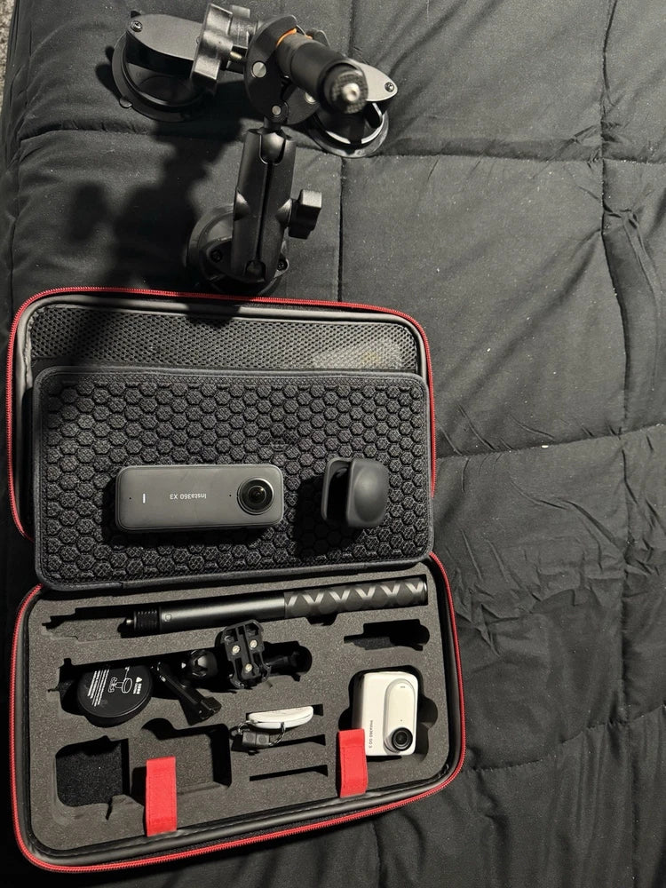 Insta360 X3 Camera with GO 3 64 GB Action Camera, carrying case, and car mount