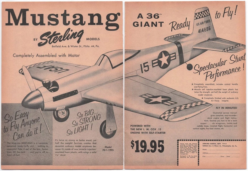 Two-page 1960s magazine ad for Sterling Mustang model airplane hobby kit