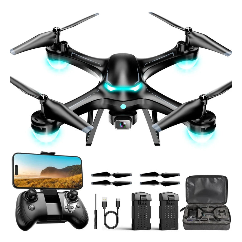 Black quadcopter drone with four propellers and built-in camera; controller and case