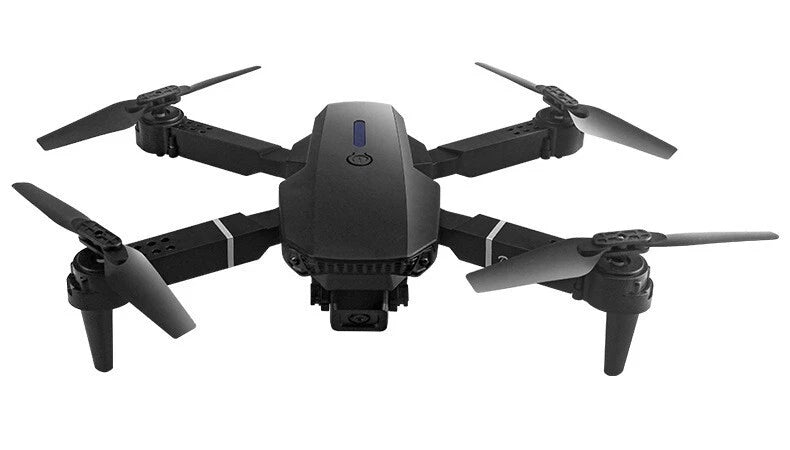 Mini drone quadcopter with HD dual-lens camera, four propellers, black body