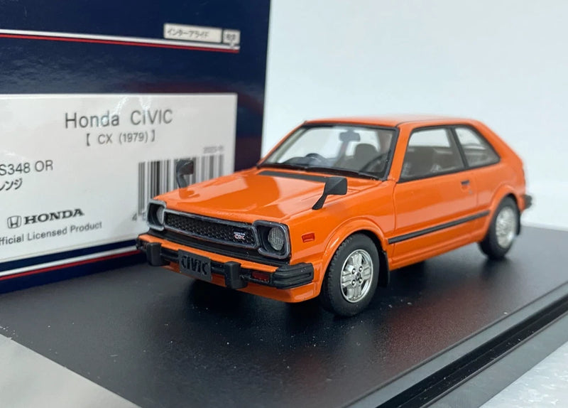 Orange 1:43 resin model car of Honda Civic CX (1979), front three-quarter view