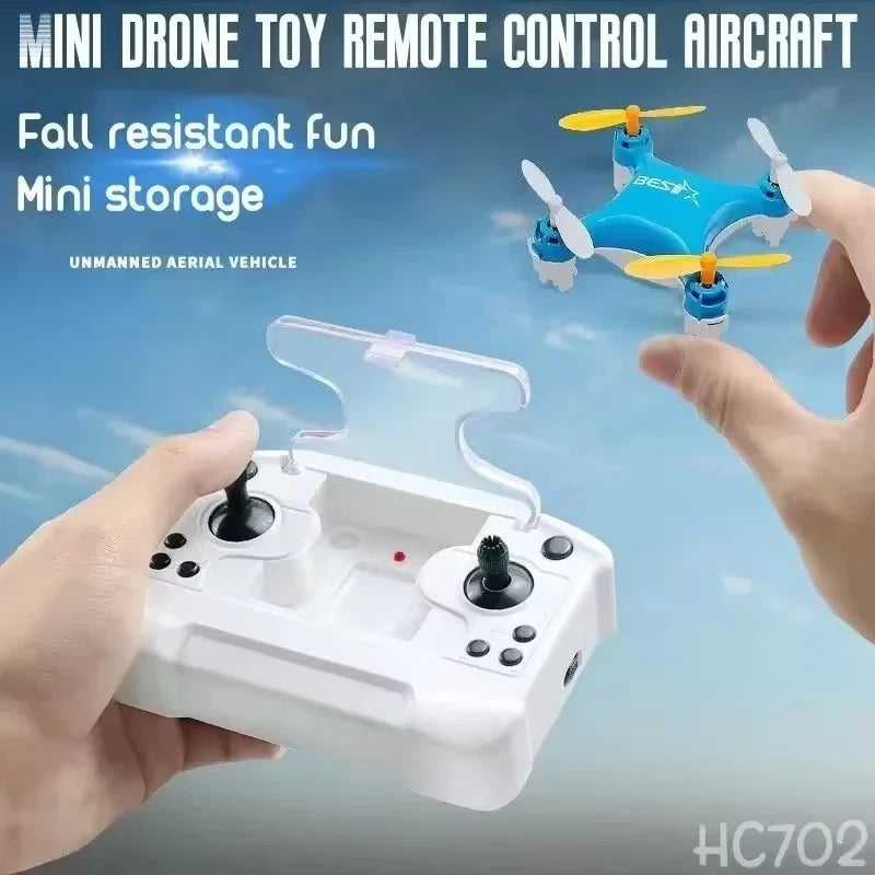 White mini RC quadcopter with four propellers and matching remote controller