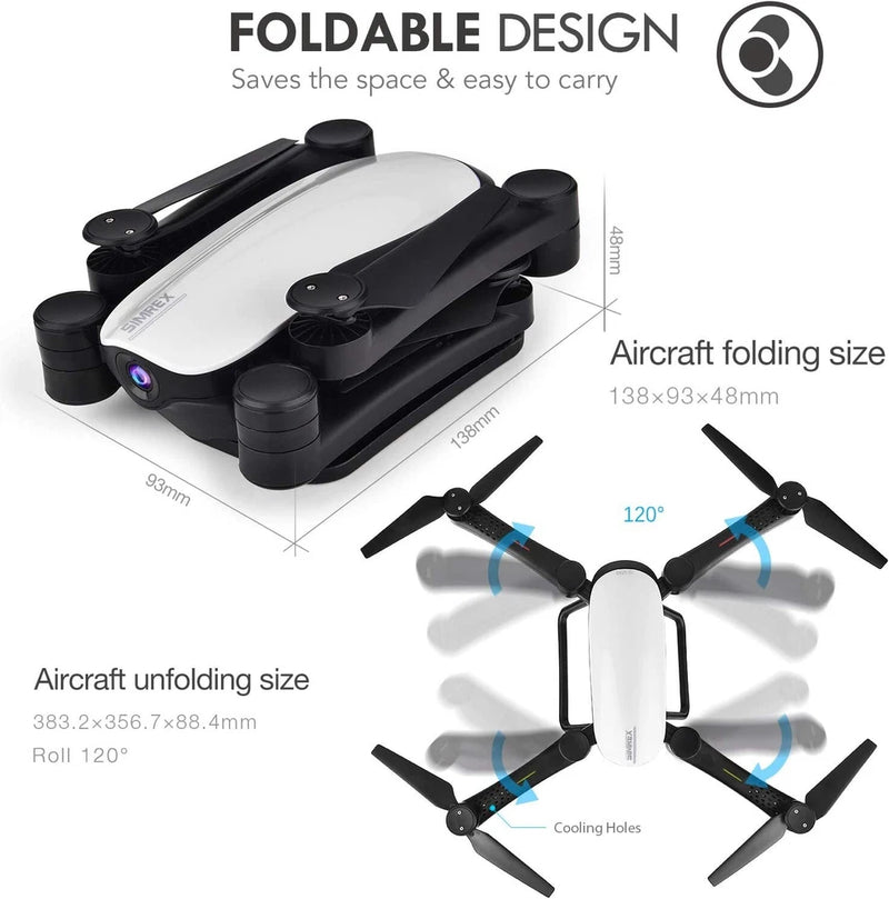 Foldable FPV quadcopter drone with four propellers, black body and light gray top