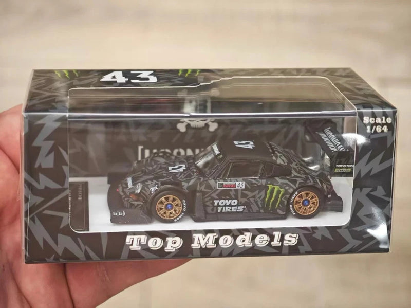1/64 die-cast race car model in display box, #43 Monster livery, Top Models