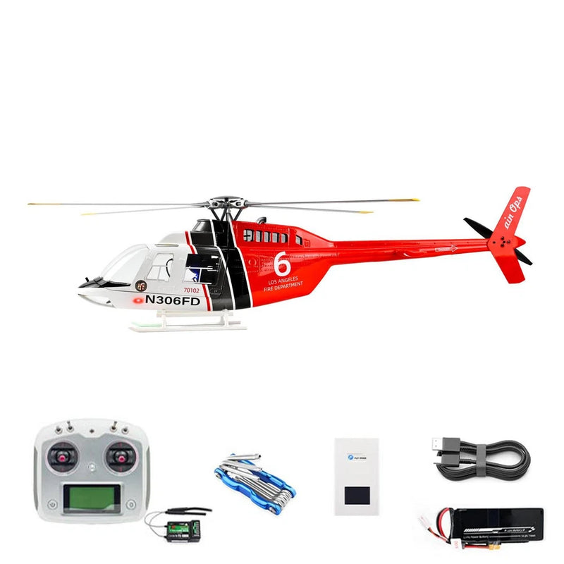 Red and white RC helicopter kit with 4-blade rotor and gray transmitter controller