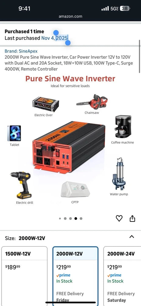 2000W Pure Sine Wave Power Inverter 12V DC to 120V AC Off Grid power outages