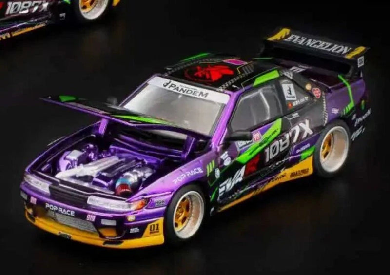 Purple 1/64 scale race model car with open hood and green graphics