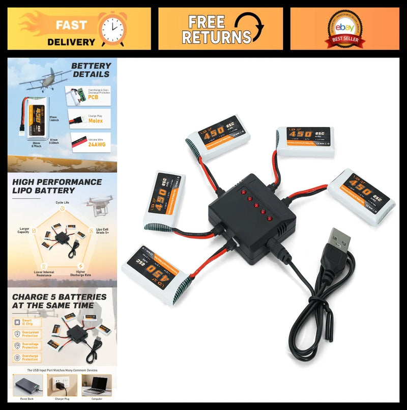 450mAh 3.7V Lipo Battery 25C for RC Drones + 5-in-1 Charger, Compatible with SYM Battery