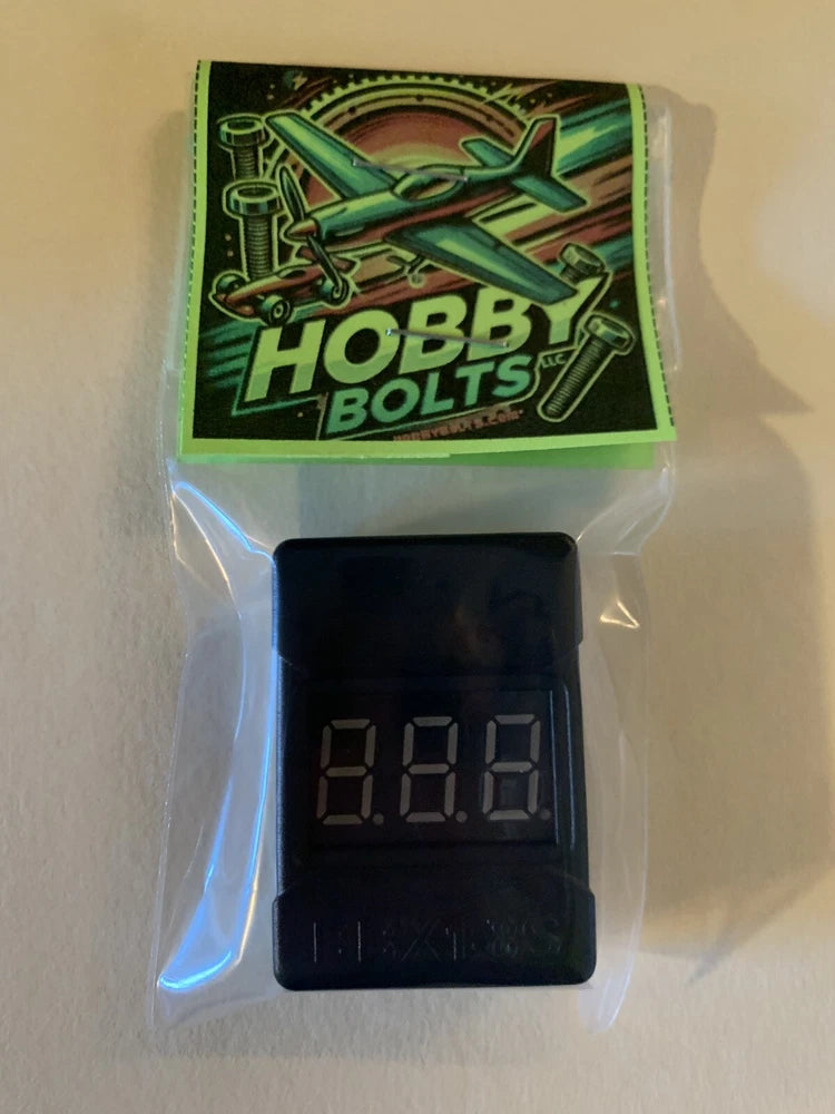 Black LiPo battery checker with digital voltage display screen in front