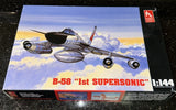 1:144 B-58 supersonic airplane model kit box with illustrated jet and accessories