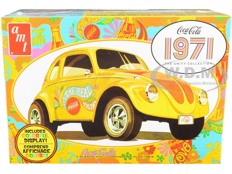 Yellow Volkswagen Superbug gasser model kit box with Coca-Cola themed car graphics, by AMT