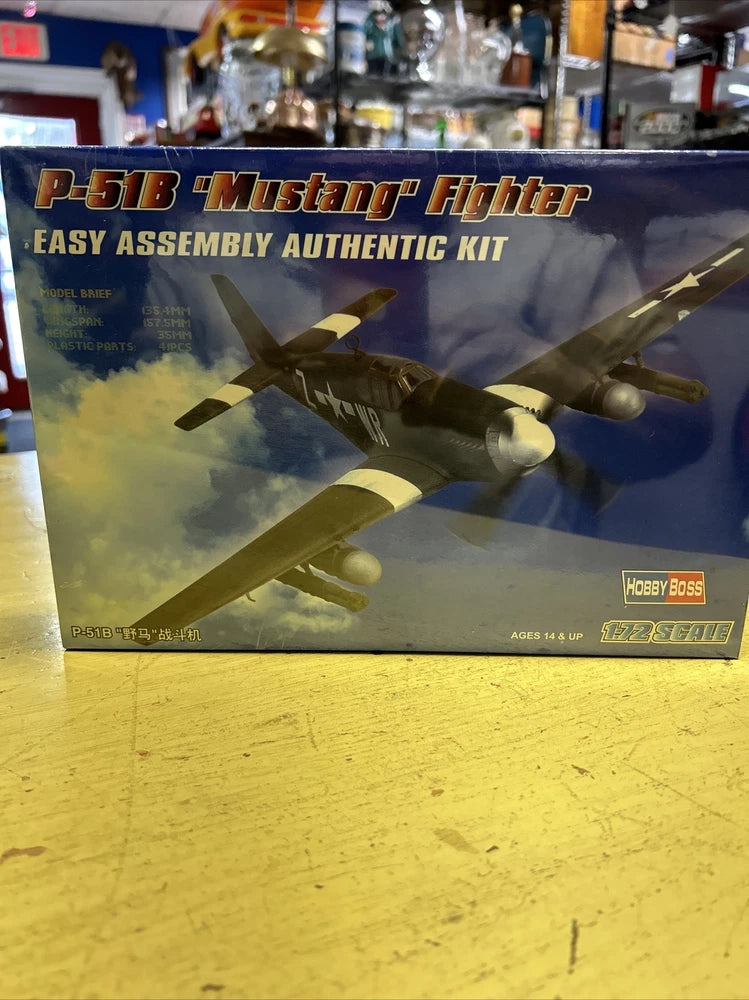 HOBBYBOSS P-51B Mustang fighter model kit box, 1/72 scale, easy assembly