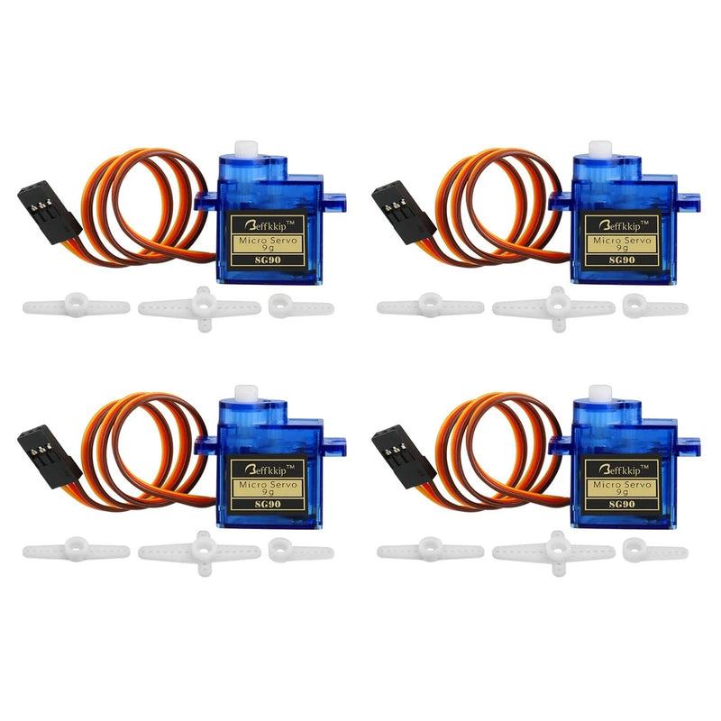 4-pack SG90 9g micro servos, blue with orange/white wiring and mounting accessories