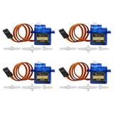 4-pack SG90 9g micro servos, blue with orange/white wiring and mounting accessories