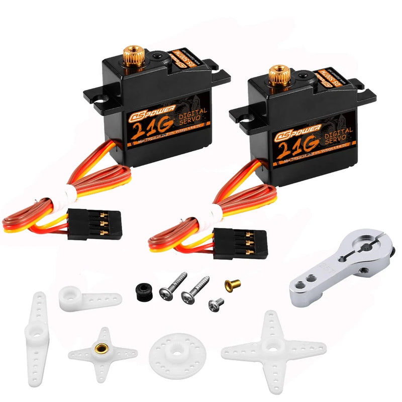Black mini digital servo set with metal gear, mounting horn, and screws