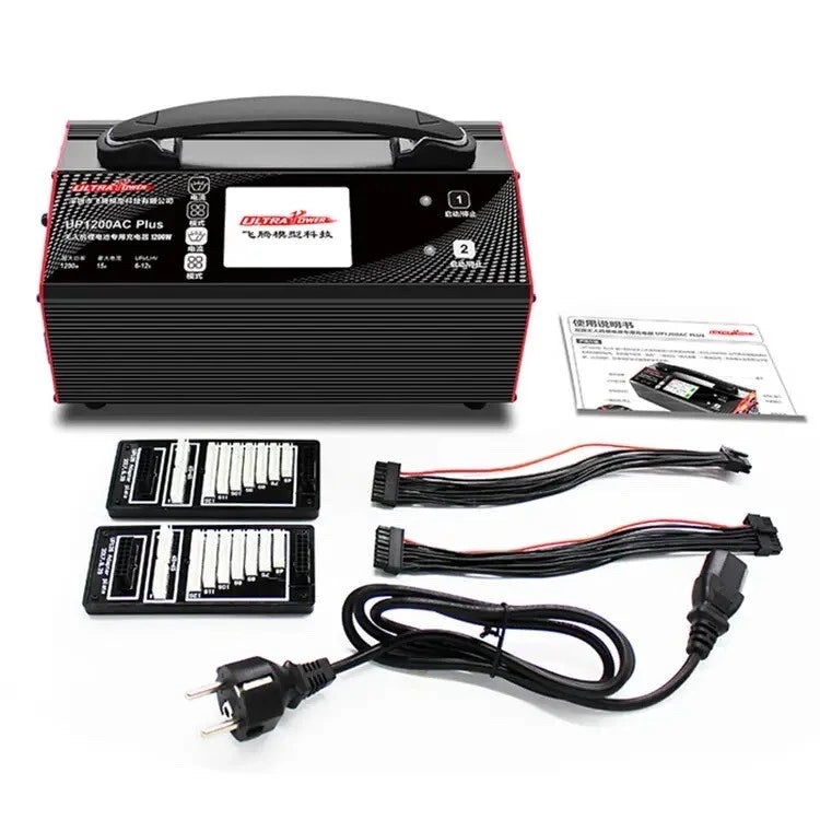 UAV battery balance charger with dual 600W units, power cable, and accessory leads