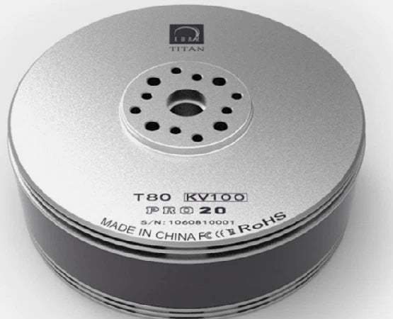 XOAR Titan brushless RC motor, circular housing with mounting holes and KV100 label