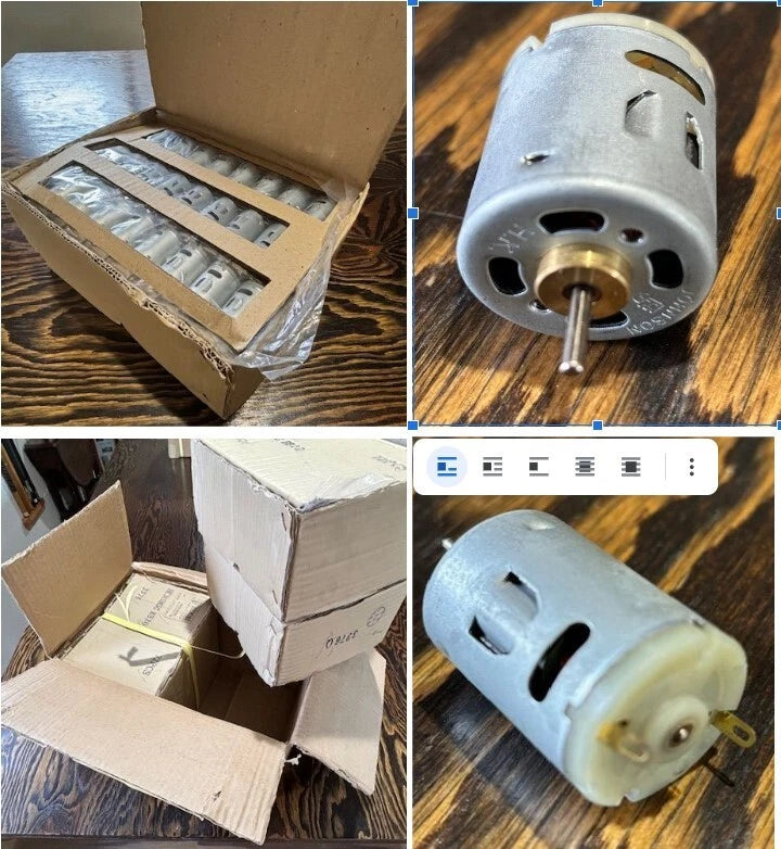 12V DC motor with mounting end, shown in shipping box packaging