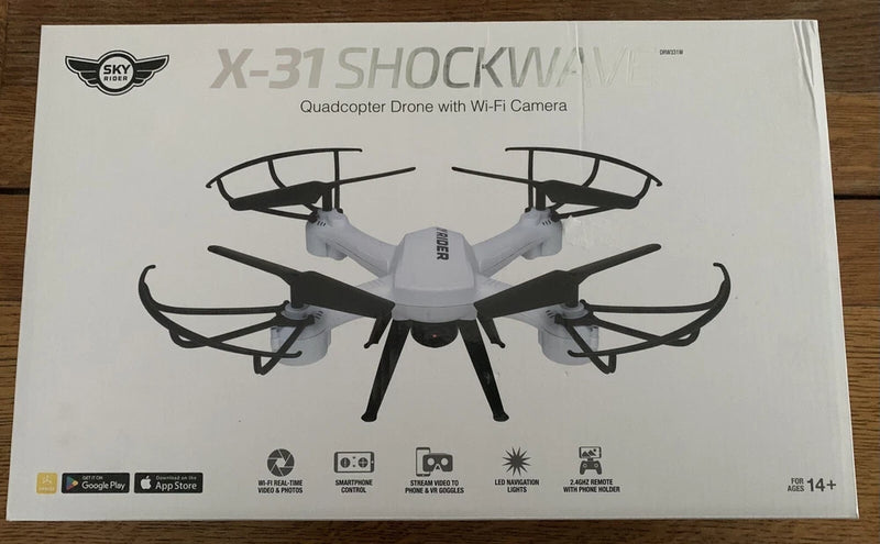 Sky Rider X-31 SHOCKWAVE quadcopter drone box with Wi‑Fi camera illustration