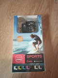 Waterproof sports action camera in retail box, Full HD 1080p label