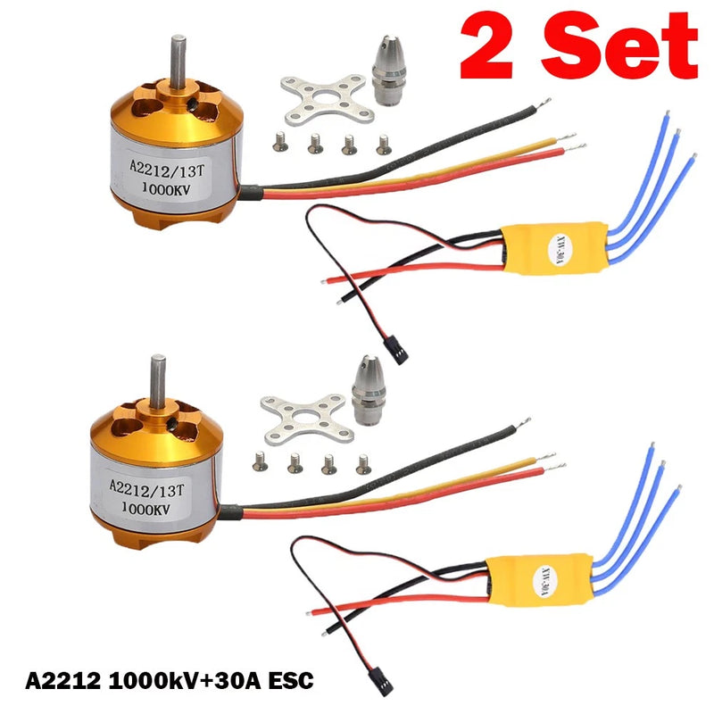 RC brushless motor + ESC combo with two gold motors, wiring leads, and mounting screws
