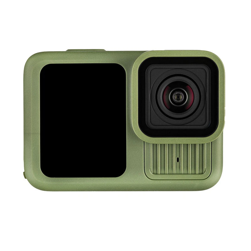 Forest green waterproof action camera with front display and wide-angle lens