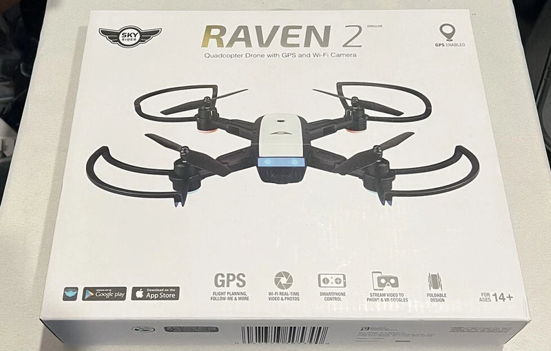 Foldable GPS Wi‑Fi drone package with Raven 2 printed and drone illustration