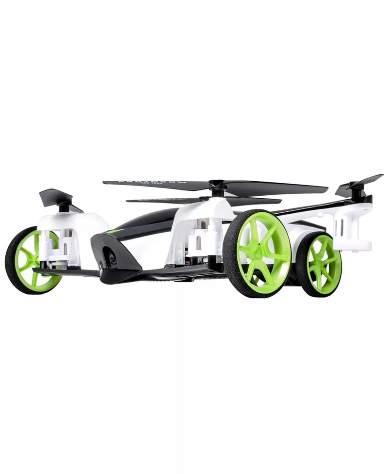 White RC car drone with green wheels and quad-rotor arms