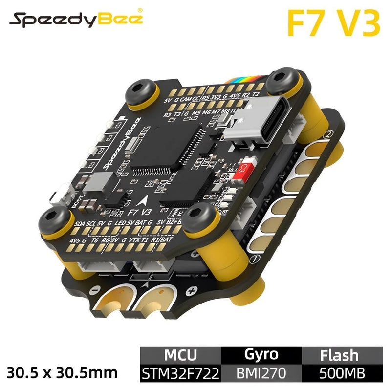 SpeedyBee F7 V3 FPV flight controller PCB with yellow corner mounts