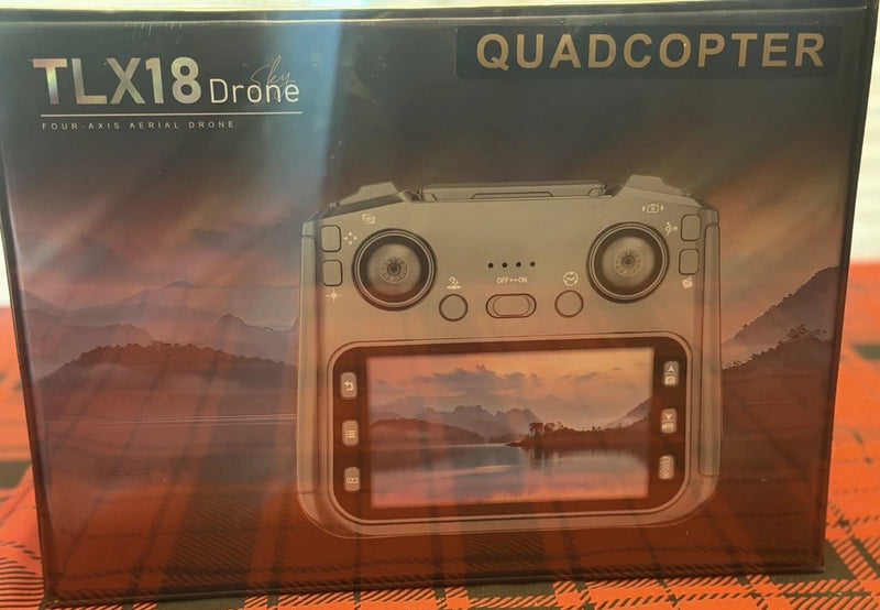 TLX18 quadcopter drone package showing foldable controller with camera view screen