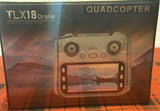 TLX18 quadcopter drone package showing foldable controller with camera view screen